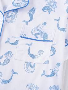 Bộ đồ ngủ nữ 2 món mùa xuân/hè, họa tiết nàng tiên cá dễ thương, áo tay ngắn cổ bẻ thoải mái và quần short cạp chun, thích hợp cho các bữa tiệc, hoạt động ngoài trời và mặc ở nhà. - Màu xanh lam - Xem 7