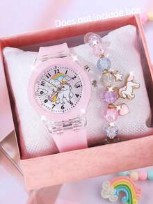 2pcs/Set Jam Tangan Anak Perempuan Bercahaya, Jam Tangan LED Bercahaya Kartun Unicorn, Jam Tangan Quartz & Gelang Manik-manik - Berwarna merah muda - View 6