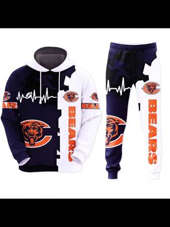 Chica-Go Be-Ars Men's Stylish 3D Printed Two-Piece Tracksuit - Team Two-Piece Tracksuit With Long-Sleeved Hoodie And Jogging Pants, Football Game Day Look Hoodie Set, Suitable For Casual Outdoor And Fitness Wear In Spring And Autumn.