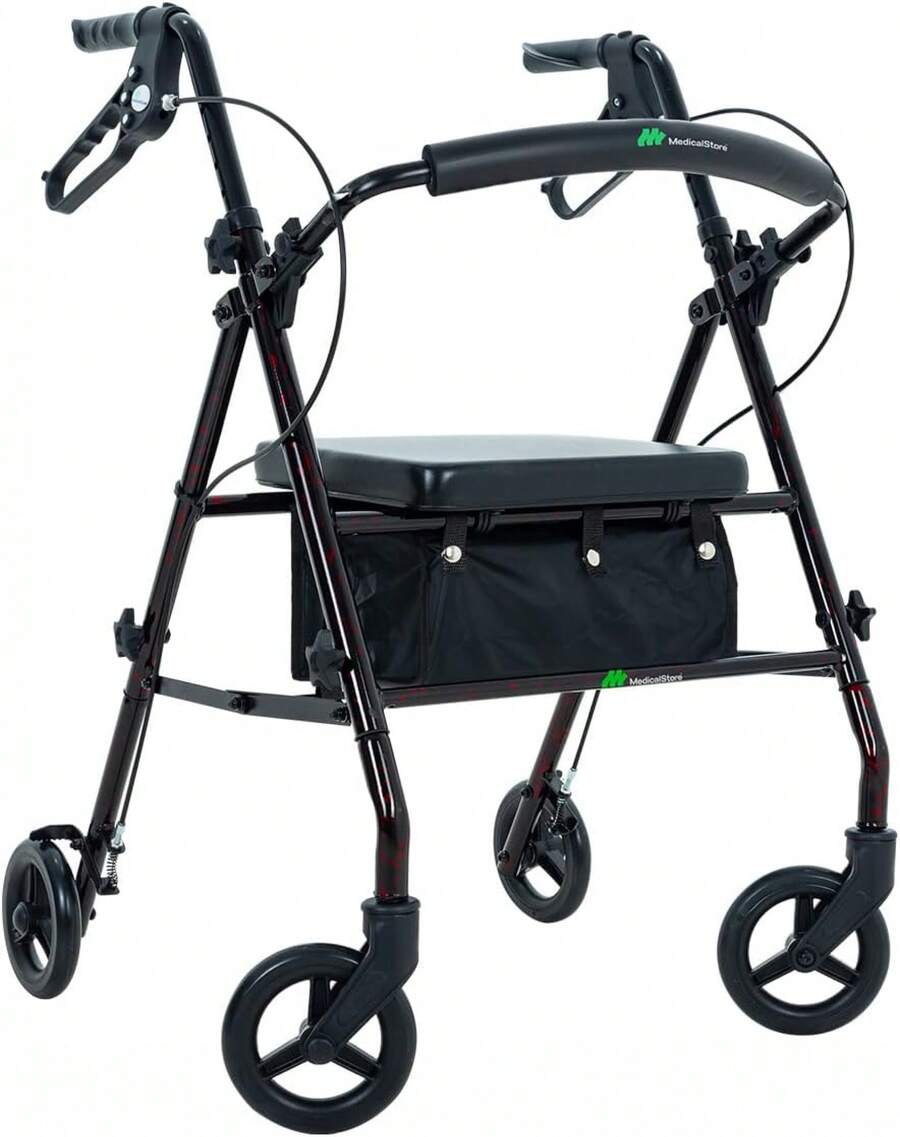 MEDICAL STORE Andadera Con Rueda De 6 Pulgada Rollator Andador De Acero Equipo De Rehabilitación Para Adultos Mayores Andador Rodante Para Personas Mayores Con Frenos De  Andador Plegable Para Apoyar A Una Persona Soporta hasta 135 Kg (Flama Rojo) - Flama Negro - Ver 1