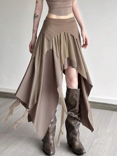 Solid Color Casual Asymmetric Asymmetrical Patchwork Skirt, Suitable For Lounging, Casual Outings And Gatherings
