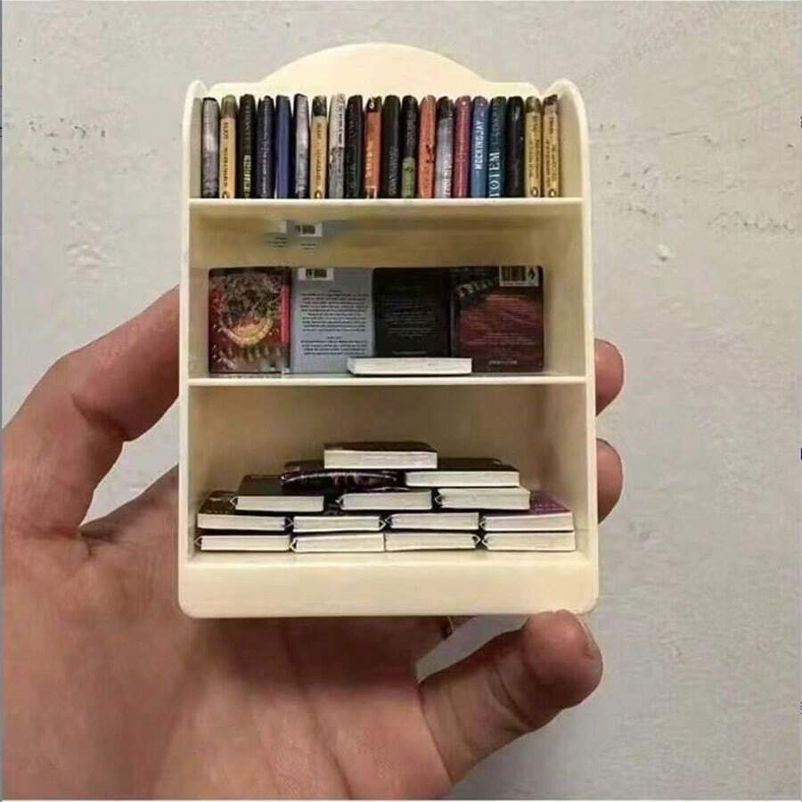 1:12 Scale Mini Collectible Bookshelf (With 60 Mini Books) - Compact Plastic Display Rack With Multiple Compartments, Ideal For Mini Novels, Indoor/Outdoor Decor, White, Collectable Display Rack | Plastic Structure - Multicolor - View 1