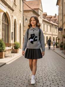 2pcs/Set Girls Sweater Polo Collar Outfit, Cute Cartoon Pattern Sweater With Pleated Skirt, Fashionable & Comfortable For Daily Wear