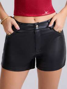 Short en PU de couleur unie pour femmes, short  noir style Y2K, short casual enduit de couleur unie pour femmes, streetwear sexy, automne/hiver - Noir - Voir 1
