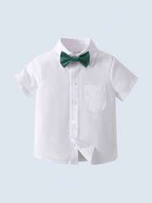 2pcs Young Boys Gentleman Outfit - Short Sleeve Collared Shirt With Bow Tie And Blue Suspender Shorts, Fashionable For Birthday Party, Wedding, Formal Occasions - Green - View 7