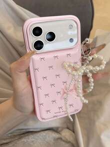 1pc Pink Faux Leather Faux Pearl Bow Phone Case Compatible With Apple 17, 17 Pro, 17 Pro Max, 16 Pro Max, 16 Pro, 16, 11, 12, 13, 14, 15, 12 Pro Max, 13 Pro Max, 14 Pro Max, 15 Pro Max - Pink - View 1