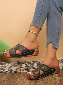 1 Pair Women's Fashion Rhinestone Wedge Slide Sandals, Summer - Black - View 2