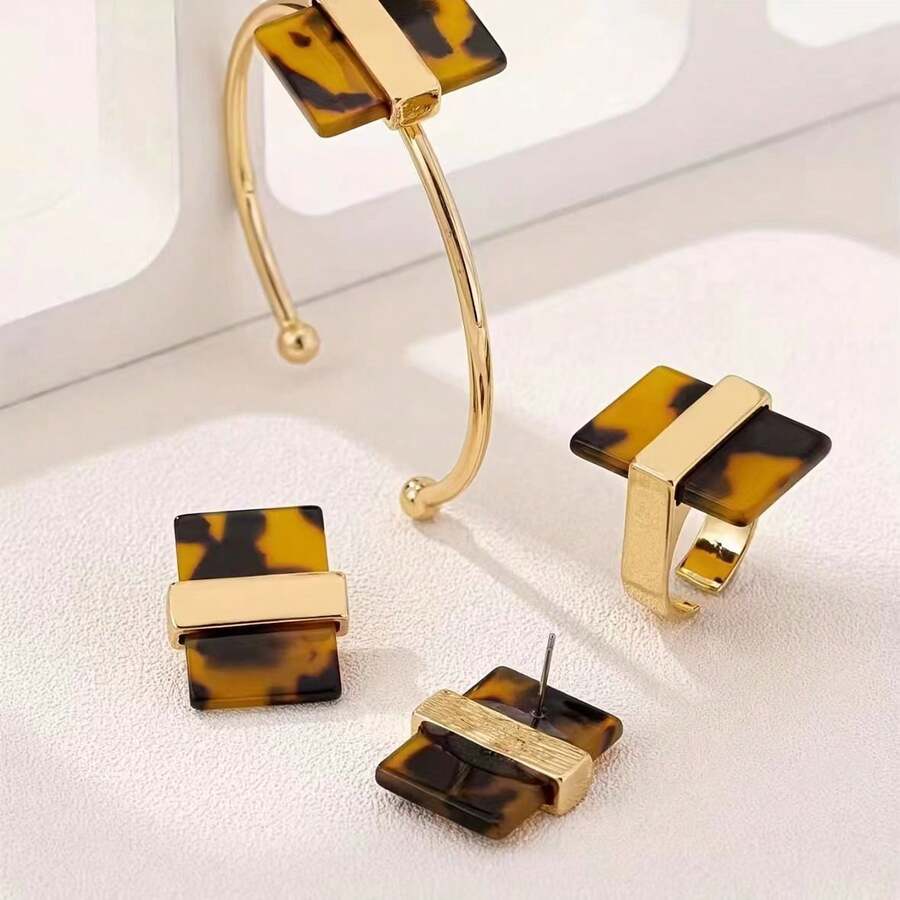4件套几何亚克力豹纹时尚首饰套装 - 金色 - 查看 1