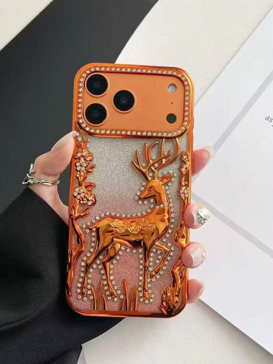 1pc Fashionable Electroplated Gradient Glitter 3D Rhinestone Deer Pattern Shockproof Phone Case Protective Cover Compatible With Apple 17 Pro Max, 16, 15, 14, 13, 12, 11 Series - Burnt Orange - View 1
