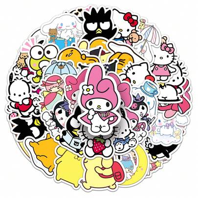  50 PCs Funny Cute Sanrio Mix Stickers For Laptops, Water Bottles, Diaries, Suitcases, Cars, Wardrobes And Other DIY Decorative Stickers