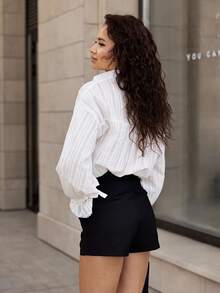 Blusa de mujer con botones delanteros, textura y volantes/ribete de volantes, adecuada para vacaciones, oficina, citas, uso diario, primavera/otoño - Blanco - Ver 3