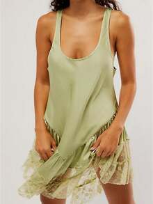 Women's Summer Sleevelesss Dress Lace Patchwork Deep U-Neck Backless Mini Loose Dress - 綠色 - 查看 1