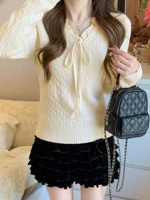 Women's Spring Patchwork 2-In-1 Cable Knit Sweater Red Pullover - Apricot - View 5