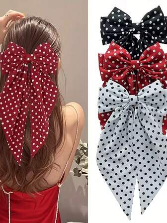 1pc/3pcs Polka Dot Floral Bow Hair Clips, Women Plus Size Solid Satin Long Bow Hair Claws, Multi-Color Options, Suitable For Daily, Travel, Party, Photo Shoot, Fits All Hair Types, Hair Slide, Hair Barrettes
