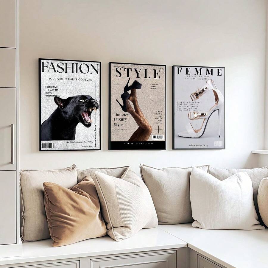 1/3 幅时尚杂志墙画，Y2K 印花帆布画，奢华时尚海报，黑白美学，少女风装饰，适合卧室、客厅或宿舍，送她的礼物，无框 - 彩色 - 查看 1