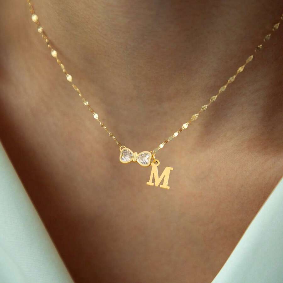 1pc Classic Fashion Artificial Crystal Bowknot Initial Necklace Women Golden Stainless Steel Lip Chain Necklaces For Women - Yellow Gold - View 1