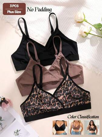 3pcs Plus Size Women's Comfortable Wireless Unpadded Bras