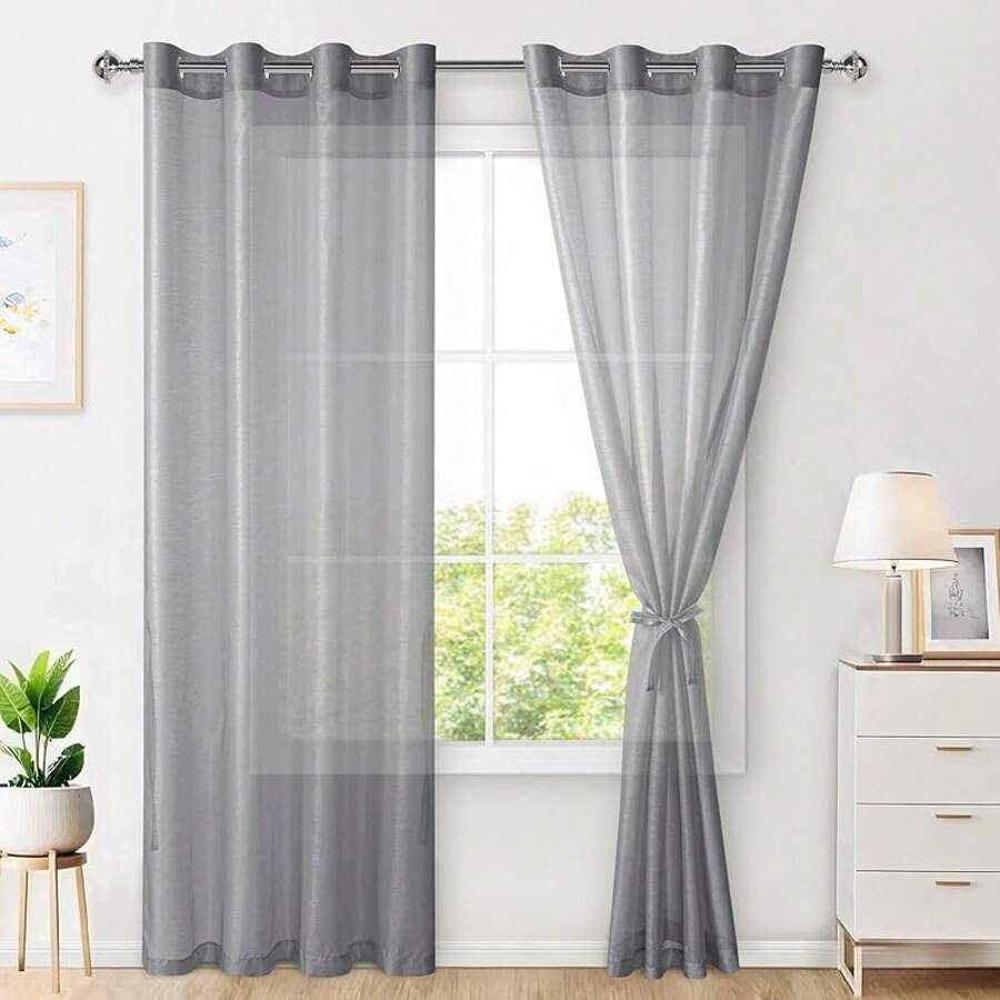 Hiasan Set Of 2 Sheer Voile Curtains Living Room With Eyelets Curtains Panel Curtains Transparent Airy Decorative Curtain For Bedroom 240 X 140 Cm (H X W) White - Dark Grey - View 1
