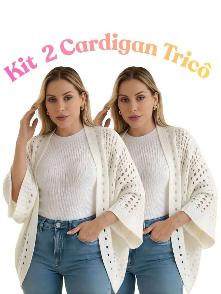 Set Of 2 Women's Cardigan Blouses, Knitted Cape, Openwork Knit, Autumn - 白色/白色 - 查看 1