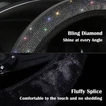 Bling Fluffy Steering Wheel Cover For Women Girls, Rhinestone Diamond Sparkling Fur Steering Wheel Protector Elastic Steering Wheel Covers Winter Warm Universal Fit 14-15 Inches -Black - Red - 查看 4