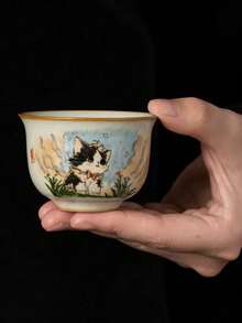 Ru Kiln Cute Cat Round Ding Tea Cup, Master Cup, Crackle Glaze, High-End Gongfu Tea Cup, Single Tea Cup, Water Cup - 彩色 - 查看 10