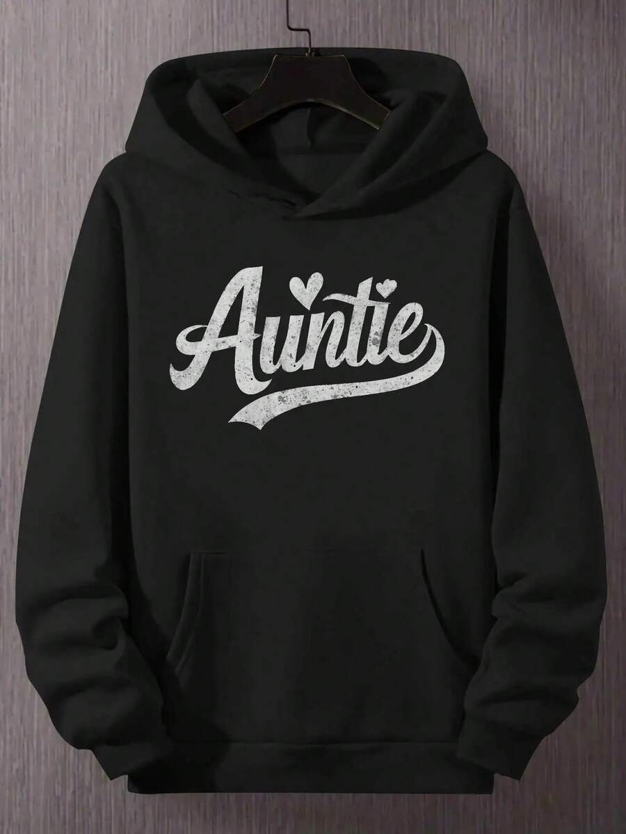 Sudadera con capucha de talla grande para hombre con estampado de la palabra "Tía" - Sudadera casual de poliéster negro con detalle de corazón, lavable a máquina, sudadera con capucha, talla grande - Negro - Ver 1