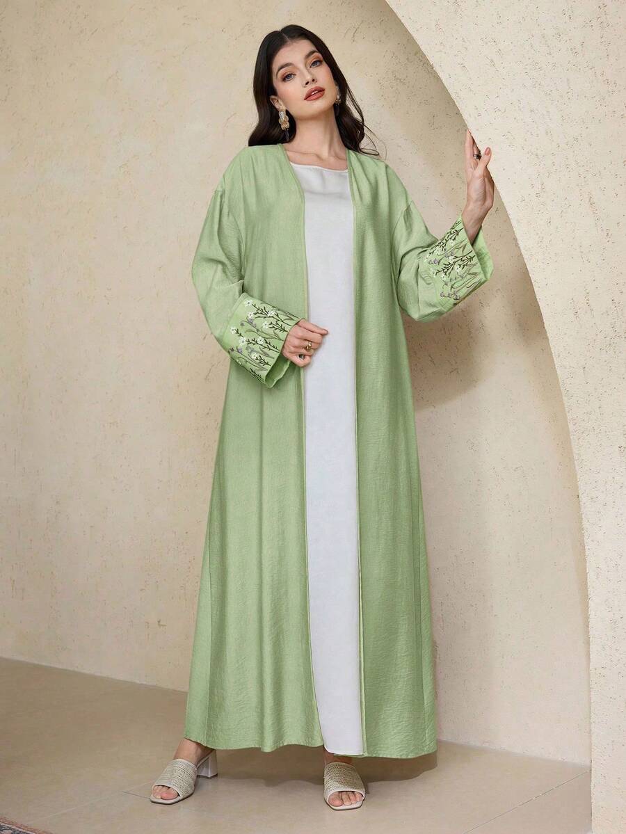 2pcs Women's Robe Set: Sage Green Floral Print Open Front Long Robe Paired With White Robe, Suitable For Daily, Religious And Social Occasions - Mint Green - View 1