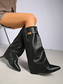 Wedge Pointed Toe Ruched Shark Boots With Buckle Strap, Fashionable & Elegant, Solid Color Faux Leather Lock & Key Mid-Calf Boots For Party, Holiday, Office, All Seasons - Black - View 1