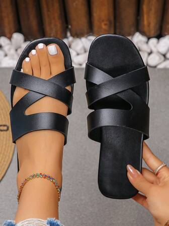 Sandalias planas con tiras cruzadas para mujer, pantuflas planas ligeras y minimalistas
