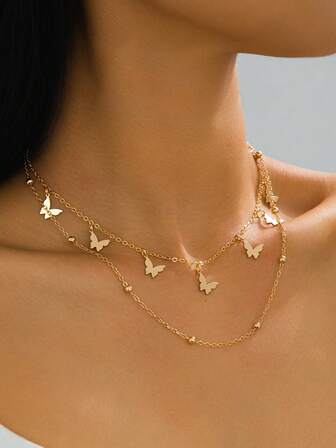 1件经典简约蝴蝶吊坠多层项链（女士款）（由于手工裁剪，链子上的珠子数量可能有所不同，但最终长度保持一致，不影响佩戴效果）