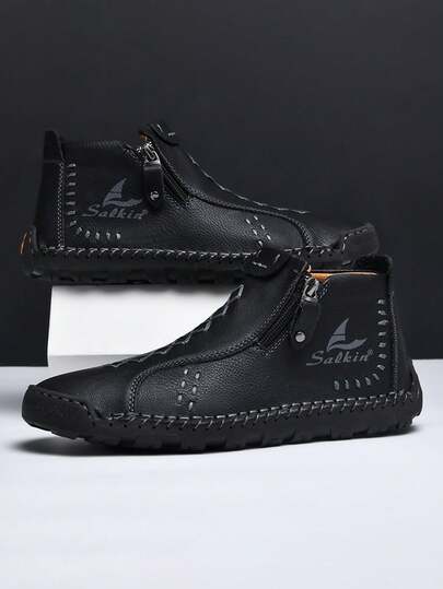 New Plus Size Handmade Stitching Casual Shoes, Casual Mid-Top Shoes For Teenagers, Zipper Cool Design Flat Mid-Top Shoes, Personalized Street Style Men's Fashion Casual Shoes, Suitable For Daily Wear With Casual Pants, Jeans, Etc. To Show A Look.