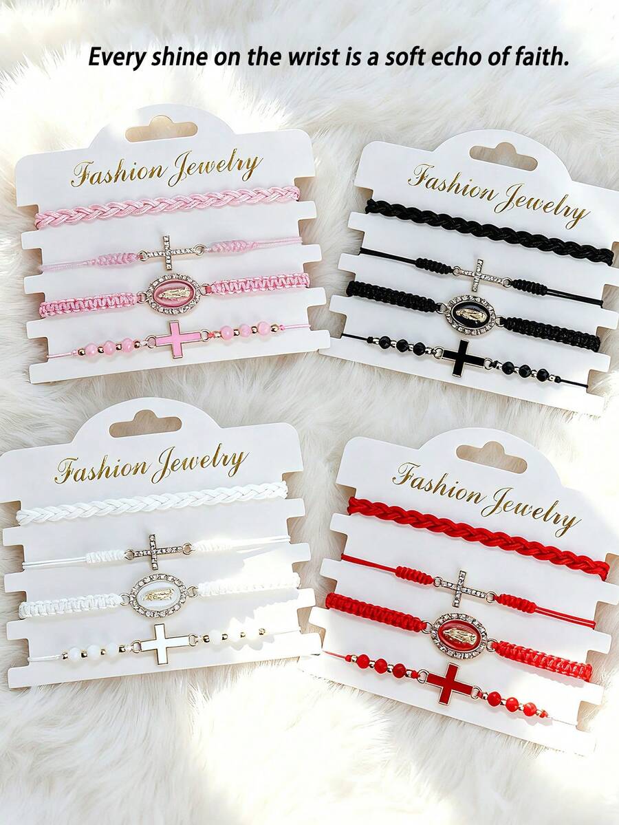 多件套圣母玛利亚手链，女士/女孩水晶十字架手链，人造水晶串珠手链，墨西哥手链，手工编织手链套装，时尚首饰，女士叠戴手链，手链吊坠配饰，手链套装，Y2K手链，可调节手链，串珠手链，女士手链绳，女士首饰配饰，友谊手链，情侣手链 - 十字架款 - 查看 1