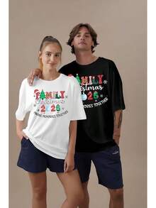 Camisetas de Navidad para Parejas, Él y Ella, Pijamas Familiares Divertidos de Navidad, Camiseta de Manga Corta - Blanco - Ver 3