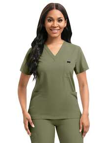 Conjunto de Uniforme de Trabalho Feminino - Top com Decote em V e Calça Esportiva com Bolsos Laterais com Zíper, Antibolinhas e Respirável, Conjunto de Trabalho Primavera - Verde Oliva - Visão 8