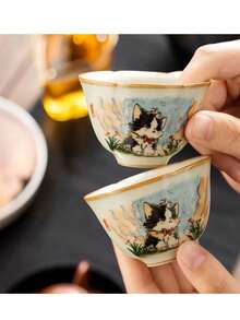 Ru Kiln Cute Cat Round Ding Tea Cup, Master Cup, Crackle Glaze, High-End Gongfu Tea Cup, Single Tea Cup, Water Cup - 彩色 - 查看 7