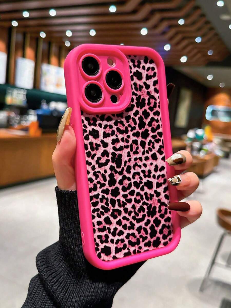 Sexy Leopard Print Bumper Shockproof Protective Case, Textured Thick Anti-Fall Painted Phone Case Compatible With IPhone 17 Pro/17 Air/17/17 Pro Max 16/11/16 Pro/16 Plus/16 Pro Max/16e/15 Pro Max/13/14/12/XS/XR/7G/8P, Anti-Fall Phone Protective Cover - Hot Pink - View 1