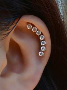 1pc Fashionable Shiny Elegant Stainless Steel 3 Crystal Zirconia Ear Cartilage Piercing Earrings, Flat Back Anti-Allergic Ear Studs, Earlobes Earrings, Flat Lip Rings, Nose Rings, Girls Silver Ear Cuff Piercing Jewelry, Screw Back, Internal Thread, 16G - A Pair Of Flat-bottomed Curved  Stud Earrings - View 10