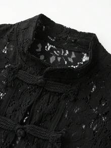 Women Long Sleeve Mandarin Collar Guipure Split Blouse Top Lace Floral Puff Sleeve Button-Down Shirt Slim Fit Elegant Sheer Tops Party Clubwear - 黑色 - 查看 10