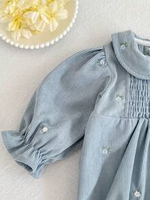 New Spring/Autumn Embroidered Corduroy Baby Girl Romper, Lapel Infant Princess Romper - Baby Blue - View 4