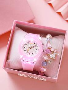 2pcs/Set Jam Tangan Anak Perempuan Bercahaya, Jam Tangan LED Bercahaya Kartun Unicorn, Jam Tangan Quartz & Gelang Manik-manik - Berwarna merah muda - View 7