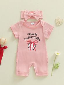 Mono de manga corta para niña con estampado de béisbol y letras, cuello redondo acanalado y diadema con lazo - Rosa intenso - Ver 2