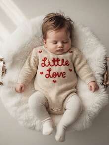 Conjunto de San Valentín para bebé niña y niño, suéter con corazón de amor pequeño, mono de punto grueso de manga larga, sudadera de gran tamaño con cuello redondo, prendas de punto, tops para recién nacidos, ropa de primavera e invierno - Albaricoque - Ver 1