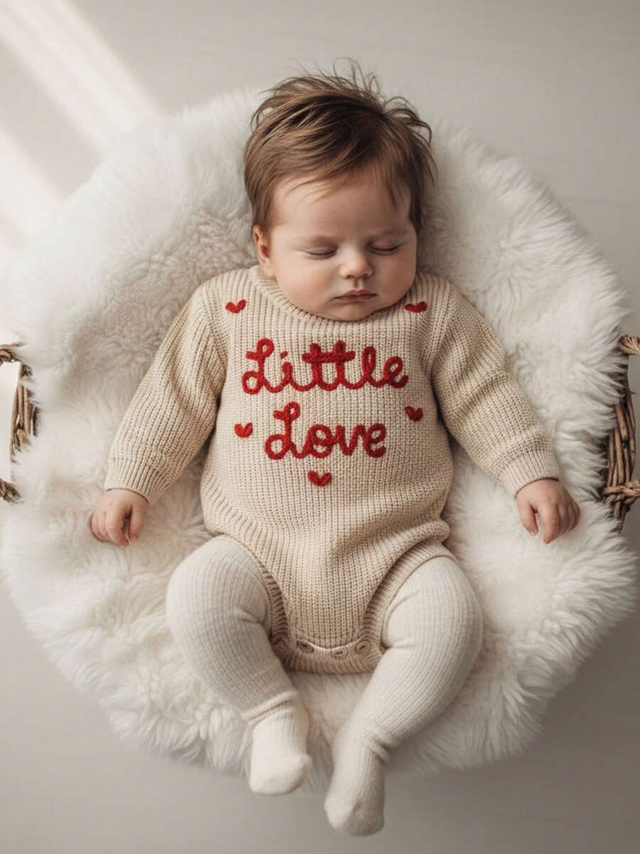 Conjunto de San Valentín para bebé niña y niño, suéter con corazón de amor pequeño, mono de punto grueso de manga larga, sudadera de gran tamaño con cuello redondo, prendas de punto, tops para recién nacidos, ropa de primavera e invierno - Albaricoque - Ver 1