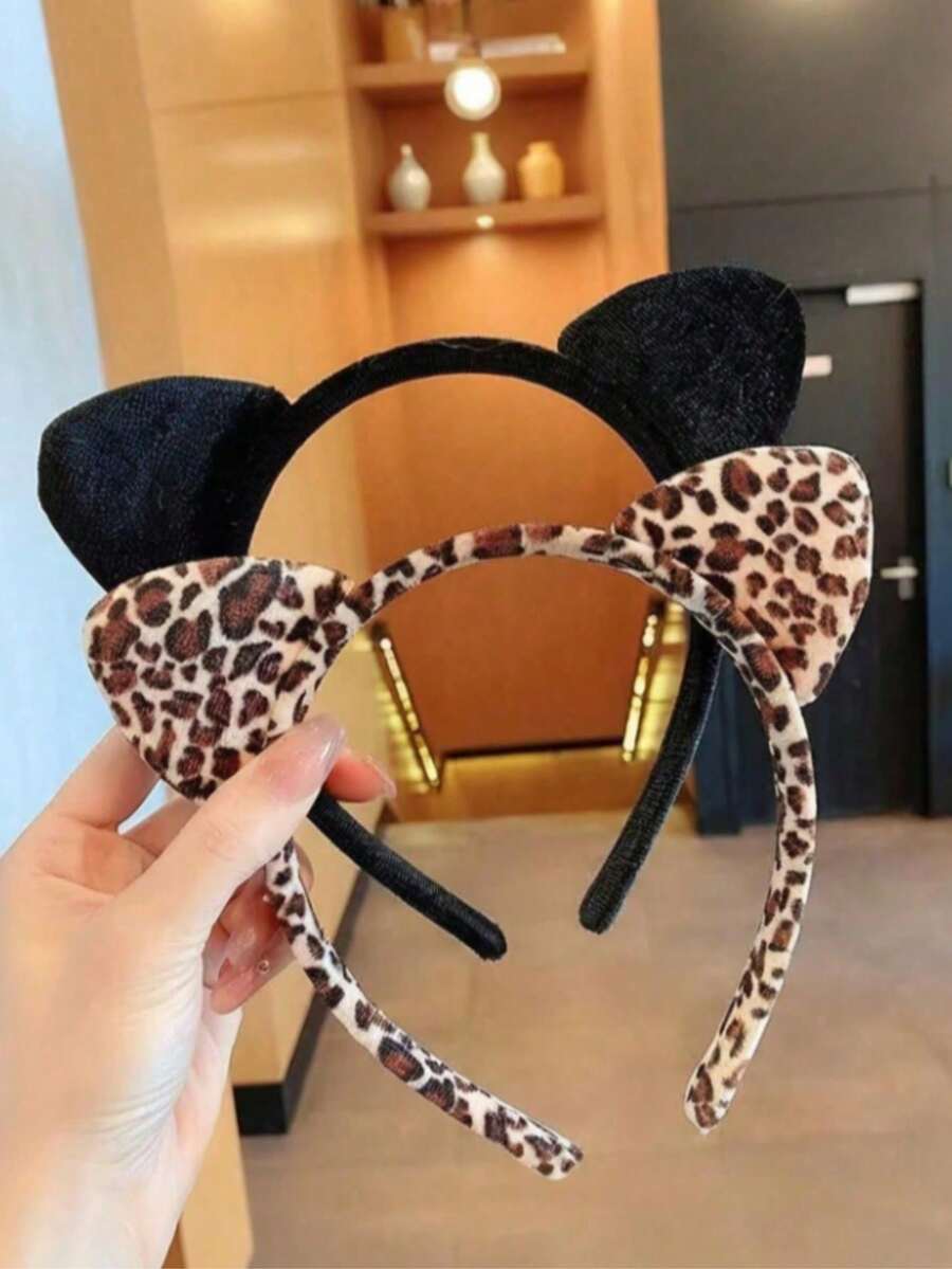 1pc Cute Leopard Print Cat Ear Headband Costume Accessory, Suitable For Halloween Party [Leopard Print Pattern Placement Random] - Multicolor - View 1