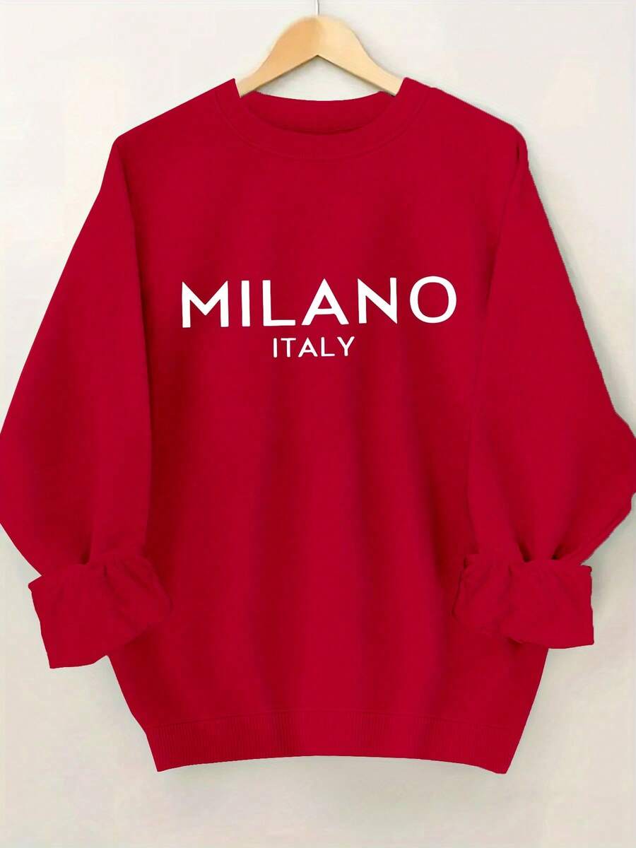 Winter Clothes For Women, White Letter Printed Plus Size Women's Fashion Round Neck Sweatshirt; 's Pullover; - 紅色 - 查看 1