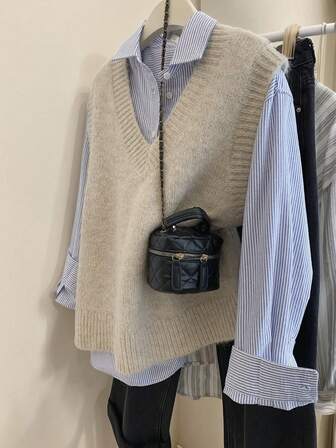 JIANHU Light Gray V-Neck Knit Sweater Vest - Fall/Winter Layering With Contrast Stitch Detail, Christmas Office Party & Casual Weekend