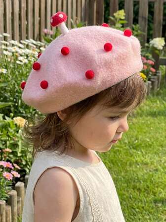1pc Girls' Polka Dot Mushroom Painter Beret Hat, Knitted Cute Decor, Suitable For Daily Wear