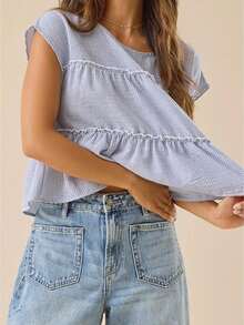 Womens Tiered Smocked Cute Boho Blouse Shirts Y2k Striped Ruched Flowy Ruffle Hem Layered Peplum Pleated Short Cap Sleeve Teen Girls School Babydoll - 深藍色 - 查看 1