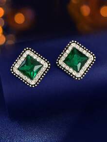 1 par de pendientes cuadrados de acrilico verde con decoración de rhinestones de lujo para boda, citas, fiestas y bailes