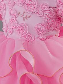 Girls Floral Puffy Cake Dress Princess Dress With Trailing Skirt, Flower Girl Dress For Wedding, Birthday Party, Runway Show, Piano Recital, Evening Gown - 粉色 - 查看 7
